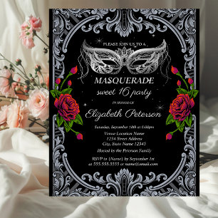 Postal De Invitación Máscara de Plata Rosas Rojas Gótico Dulces 16