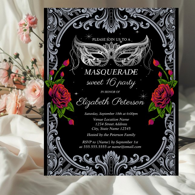 Postal De Invitación Máscara de Plata Rosas Rojas Gótico Dulces 16 (Subido por el creador)