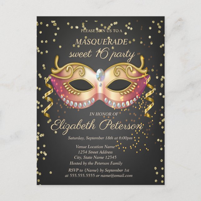 Postal De Invitación Máscara, Diamantes de Oro Máscara de Dulces 16 (Anverso)