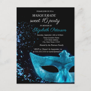 Postal De Invitación Mascarada Azul Máscara Negra Dulces 16