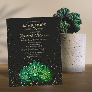 Postal De Invitación Mascarada, Confeti Máscara Verde Dulces 16