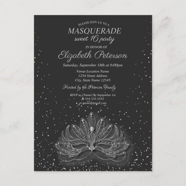 Postal De Invitación Mascarada, Confeti Masque Gris Dulces 16 (Anverso)