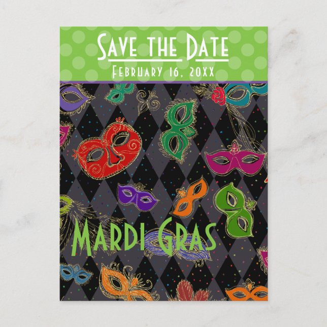 Postal De Invitación Mascarada de Mardi Gras máscaras Harlequin negro (Anverso)