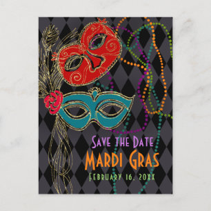 Postal De Invitación Mascarada de Mardi Gras máscaras Harlequin Negro
