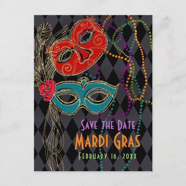 Postal De Invitación Mascarada de Mardi Gras máscaras Harlequin negro (Anverso)