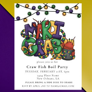 Postal De Invitación Mascarada del Fiesta Mardi Gras Crawfish hierve