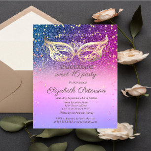 Postal De Invitación Mascarada Diamantes Brillantes Coloridos Cumpleaño