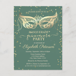 Postal De Invitación Mascarada Diamantes Dorados Quinceañera Verde