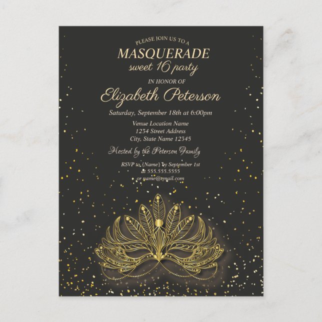 Postal De Invitación Mascarada,Dulce Masque Confetti 16 (Anverso)