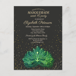 Postal De Invitación Mascarada,Dulce Masque Verde Confetti 16