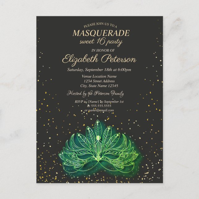 Postal De Invitación Mascarada,Dulce Masque Verde Confetti 16 (Anverso)