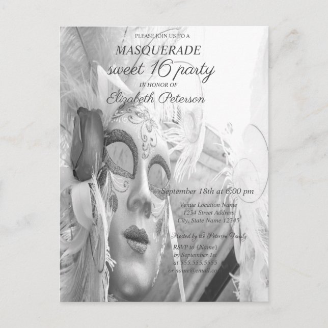Postal De Invitación Mascarada Fría Chic Mascarilla Dulces 16 (Anverso)