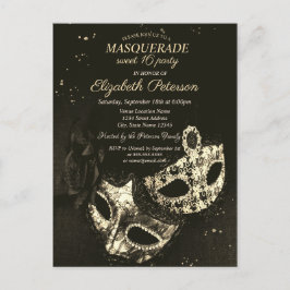 Postal De Invitación Mascarada negra de moda, dulce de masque 16