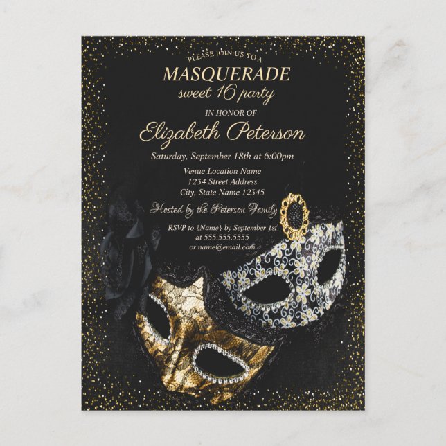 Postal De Invitación Mascarada negra de moda, dulce de mezquina de conf (Anverso)
