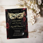 Postal De Invitación Mascarada Roses Rojos Oscuros Dulce Gótico 16<br><div class="desc">Rosas rojas y máscaras sobre fondo negro.</div>