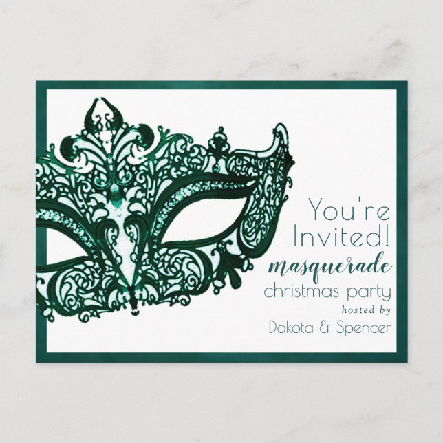 Postal De Invitación Mascarada verde de mascarada | Fiesta de Navidades (Anverso)