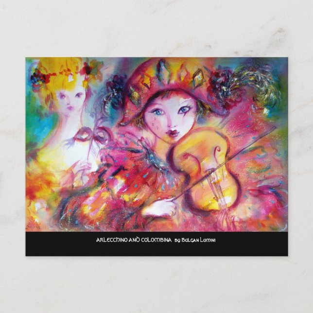 Postal De Invitación Máscaras de Mascarilla Veneciana ARLECCHINO Y COLO (Anverso)
