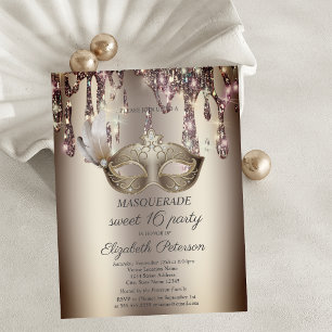 Postal De Invitación Mascarilla dorada chic, gotas, Masquerade Sweet 16