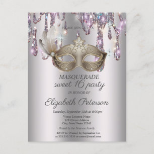 Postal De Invitación Mascarilla, gotas, Mascarada Sweet 16   