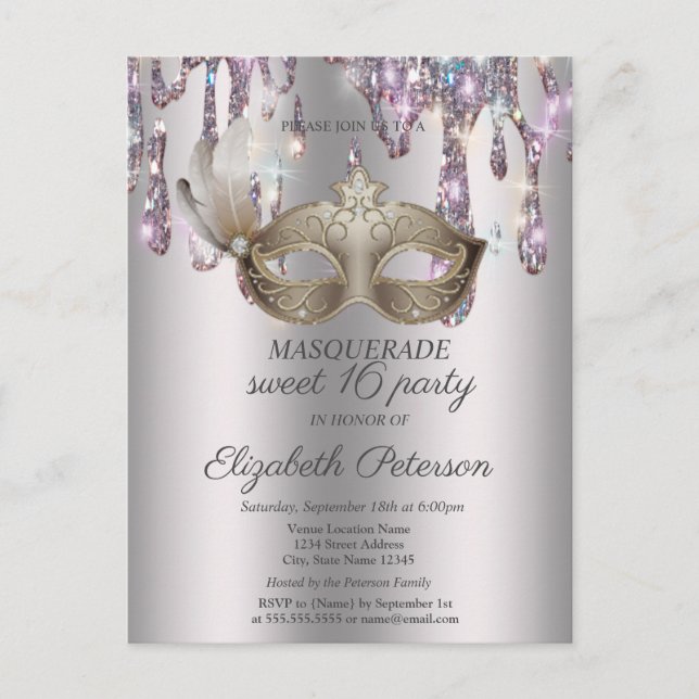 Postal De Invitación Mascarilla, gotas, Mascarada Sweet 16    (Anverso)