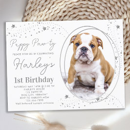 Postal De Invitación Mascota personalizado Photo Silver Stars Puppy Dog