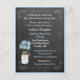 Postal De Invitación Mason Jar con Baby Shower azul de flores