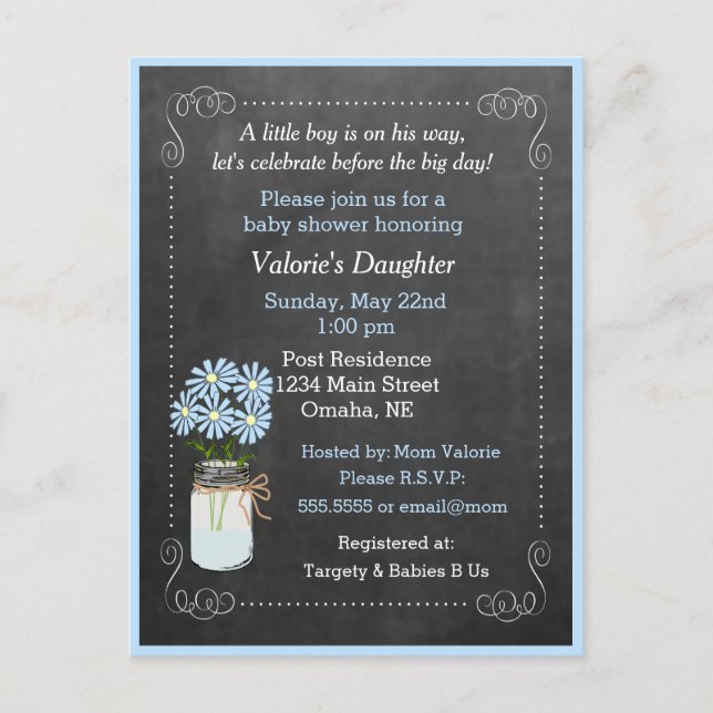 Postal De Invitación Mason Jar con Baby Shower azul de flores (Anverso)
