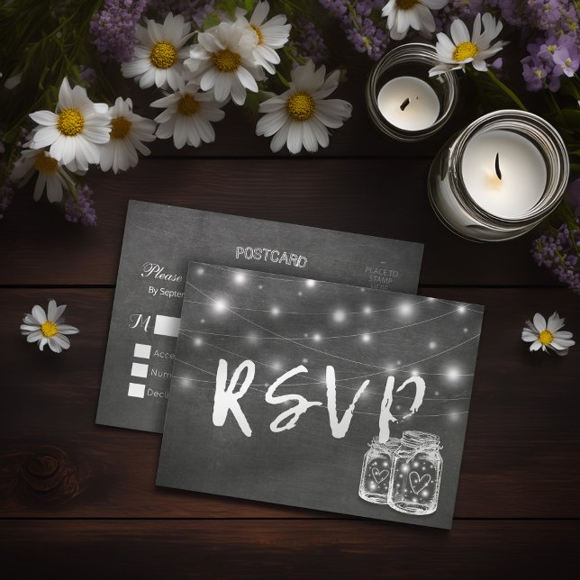 Postal De Invitación Mason Jar y luces de cuerda Pizarra Wedding RSVP (Subido por el creador)