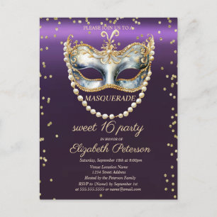 Postal De Invitación Masqu Pearls Diamonds Morple Sweet 16