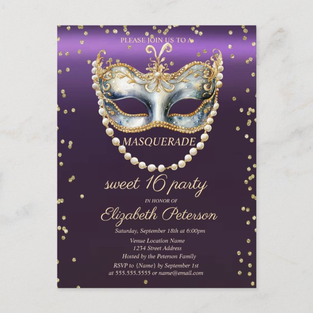 Postal De Invitación Masqu Pearls Diamonds Morple Sweet 16 (Anverso)