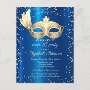 Postal De Invitación Masque Diamantes Azul Mascarada Metálica