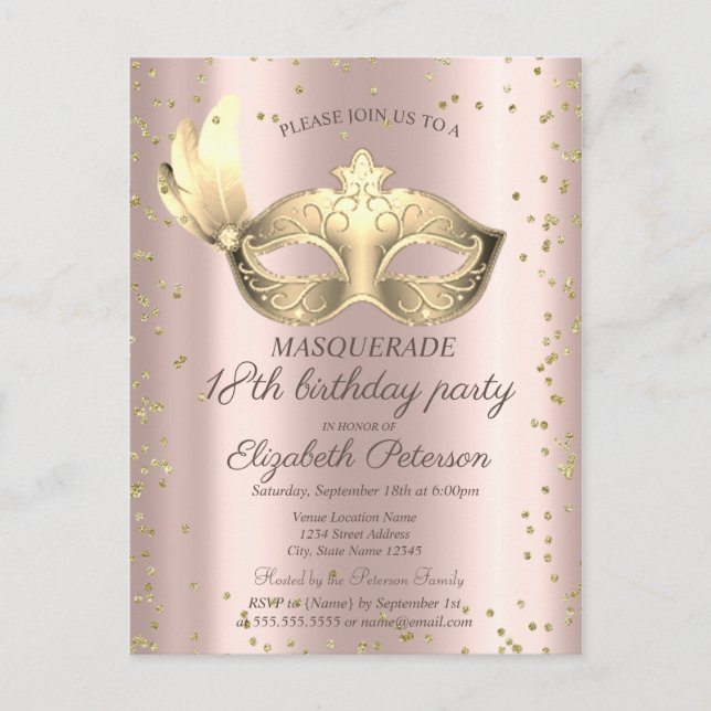 Postal De Invitación Masque Diamantes Rosa Mascarada de Oro 18º cumplea (Anverso)