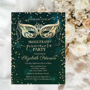 Postal De Invitación Masque Diamantes Verdes Quinceañera