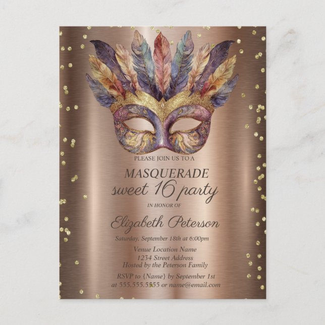 Postal De Invitación Masque Feathers Gold Diamonds Copper Sweet 16 (Anverso)