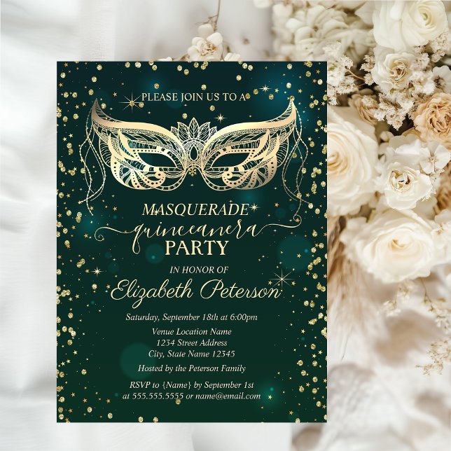 Postal De Invitación Masque Gold Diamontes Green Quinceañera (Subido por el creador)