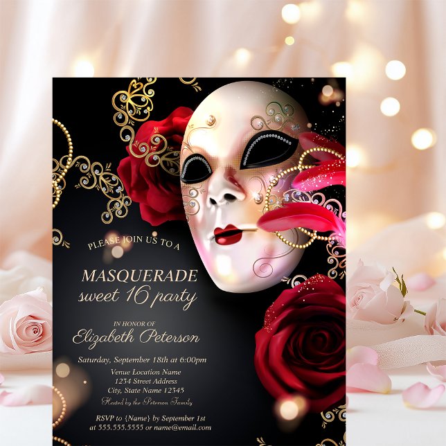 Postal De Invitación Masquerada Rosas Rojas Dulces 16  (Subido por el creador)