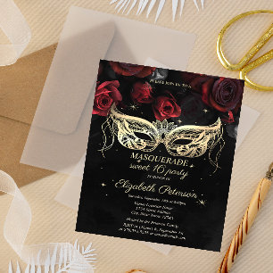Postal De Invitación Masquerada Rosas Rojas Gótico Dulce 16