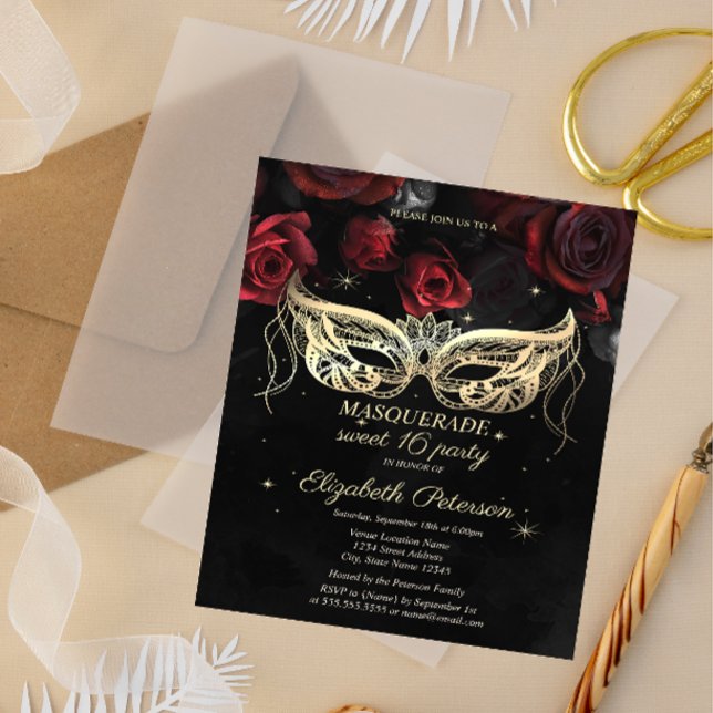 Postal De Invitación Masquerada Rosas Rojas Gótico Dulce 16 (Subido por el creador)