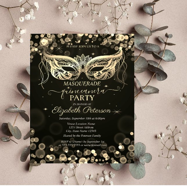 Postal De Invitación Masquerade Bokeh Oscuro Quinceañera (Subido por el creador)