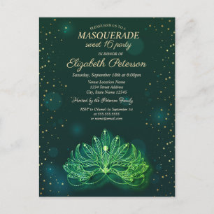 Postal De Invitación Masquerade,Confetti Stars Máscara Verde Sweet 16 