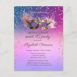 Postal De Invitación Masquerade Diamantes Purpurina Dulces 16 