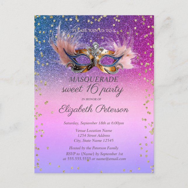 Postal De Invitación Masquerade  Diamonds Purple Glitter Sweet 16  (Anverso)