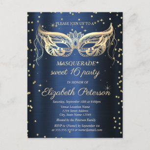 Postal De Invitación Masquerade Gold Diamantes Azul Marino Sweet 16