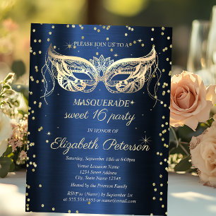 Postal De Invitación Masquerade Gold Diamantes Azul Marino Sweet 16