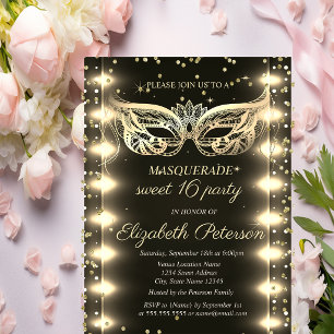 Postal De Invitación Masquerade Gold Diamantes Luces Sweet 16 