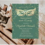 Postal De Invitación Masquerade Gold Diamonds Green Sweet 16<br><div class="desc">Gold diamonds and masque on green background.</div>