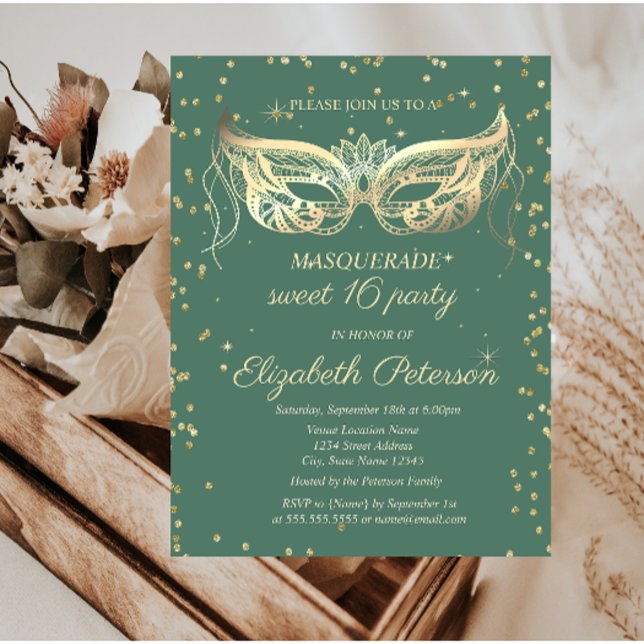Postal De Invitación Masquerade Gold Diamonds Green Sweet 16  (Subido por el creador)