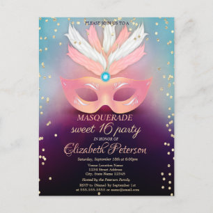 Postal De Invitación Masquerade Gold Diamonds,Pink Masque Cumpleaños Du