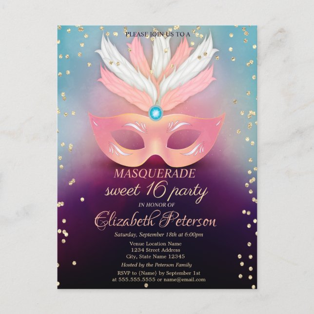 Postal De Invitación Masquerade Gold Diamonds,Pink Masque Cumpleaños Du (Anverso)