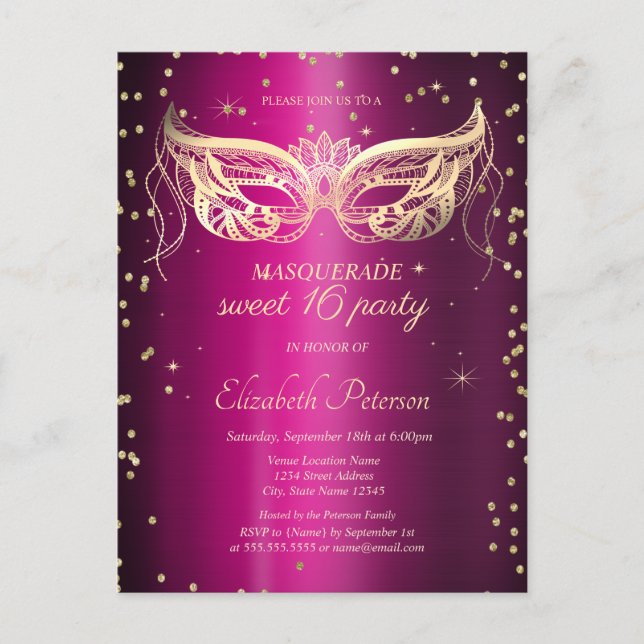 Postal De Invitación Masquerade Gold Diamonds Purple Metallic Dulces 16 (Anverso)